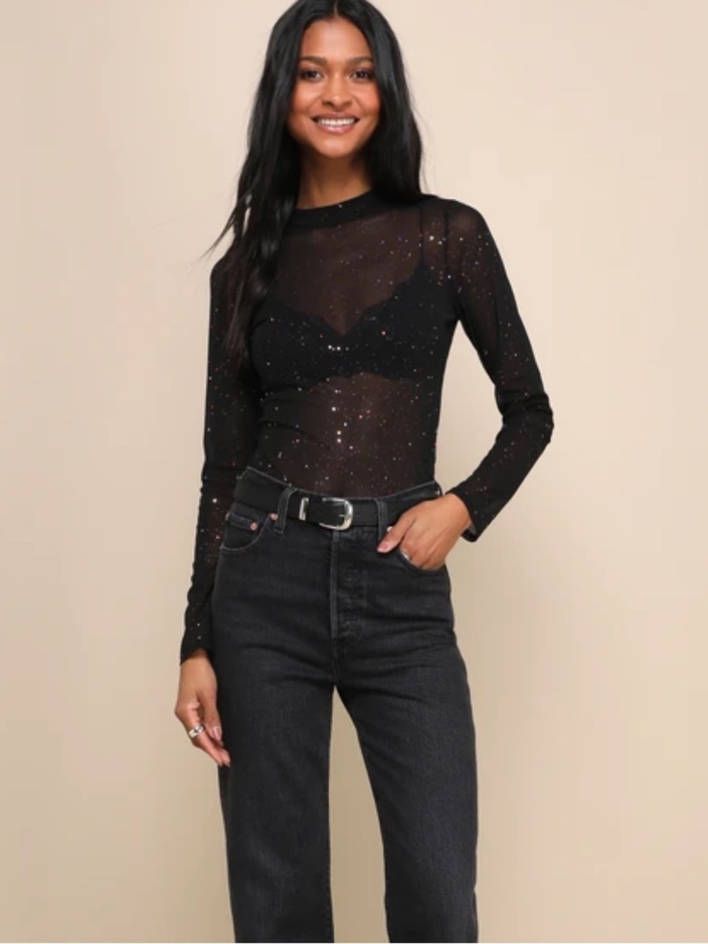 Lulus Sheer Long Sleeve mesh Sparkle Top